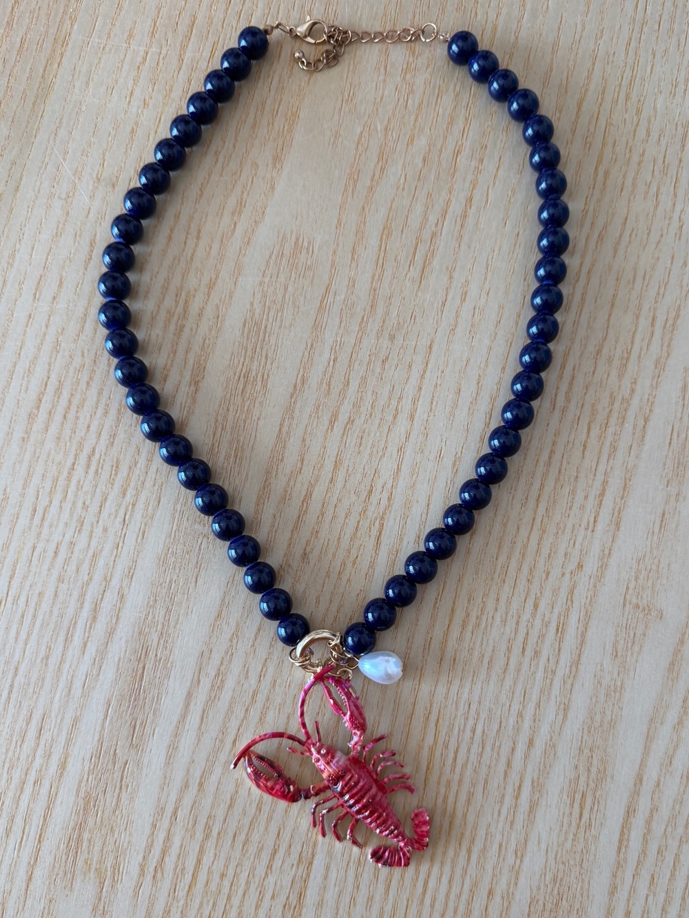 Navy Bead Necklace with Red Lobster Charm by
